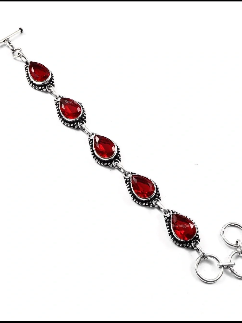 Red Teardrop Gemstone Bracelet in Silver-Tone